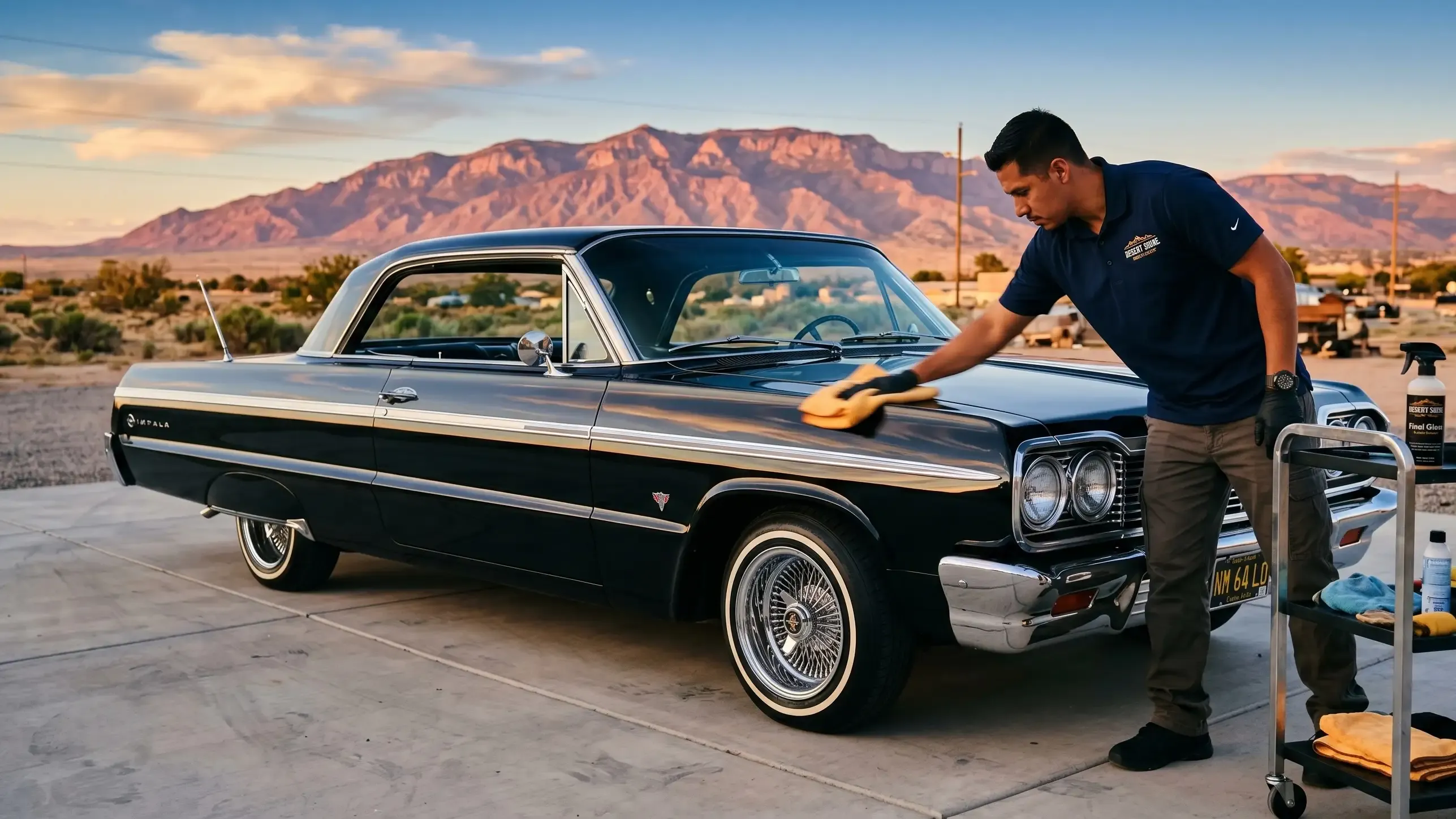 A freshly detailed car gleaming in Albuquerque's clear desert light